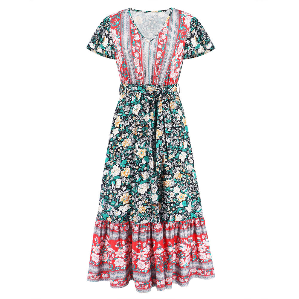 Women's Summer V-neck Ruffle Floral Print Long Dresses