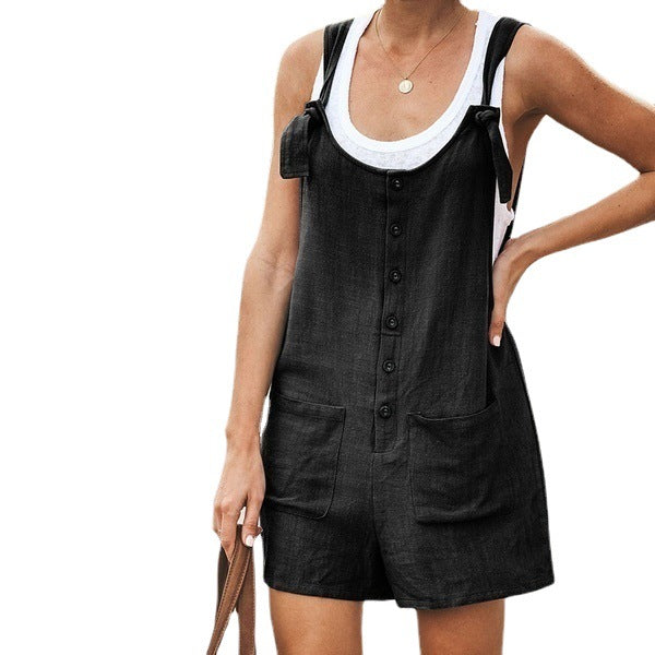 Sommerhose für Damen in reiner Farbe mit Tasche und Schnürung aus Baumwollleinen