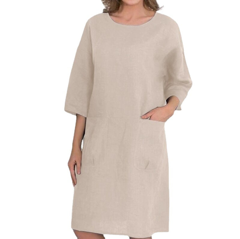 Women's Color Round Neck Pullover Pocket Half Sleeve Knee-length Dresses