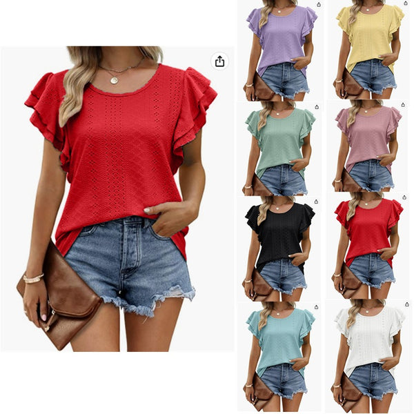 Women's Double-layer Ruffled Hollow-out Long Short-sleeved Blouses