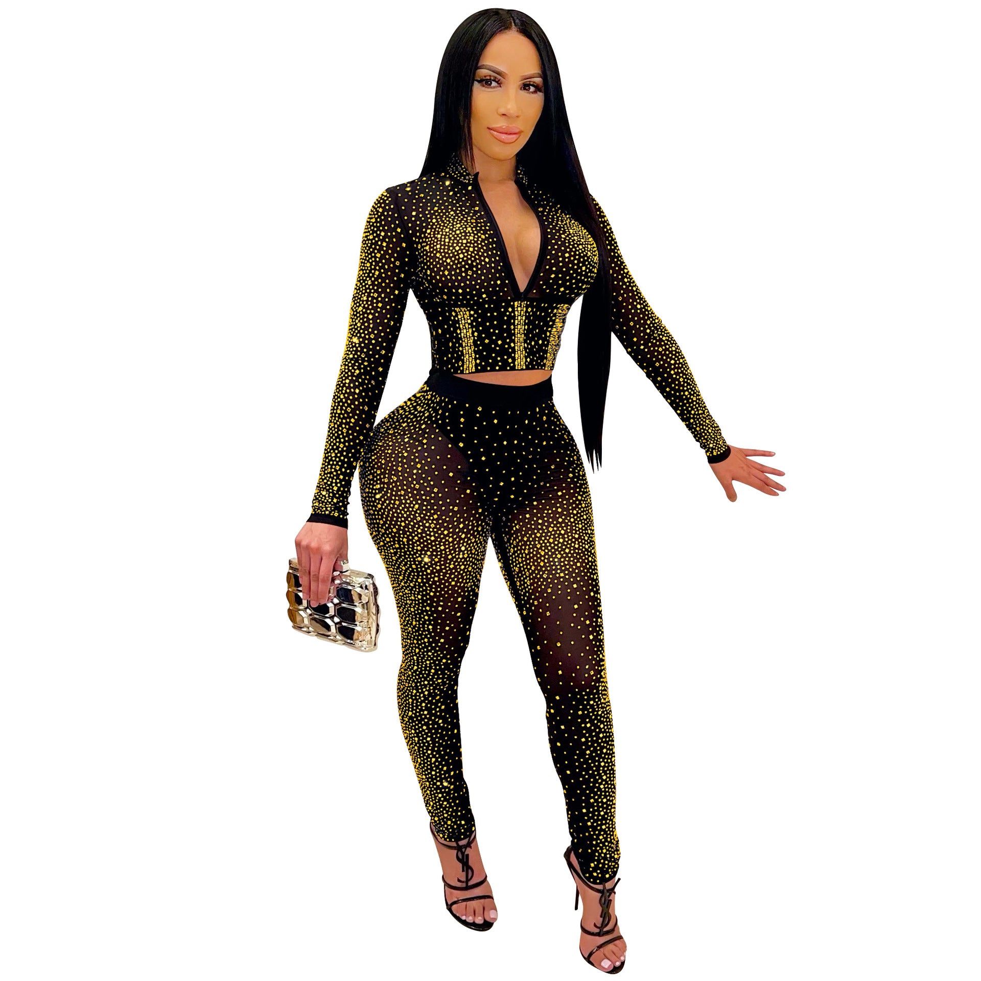 Women's Fashion Nightclub Rhinestone Long-sleeved Trousers Two-piece Suits