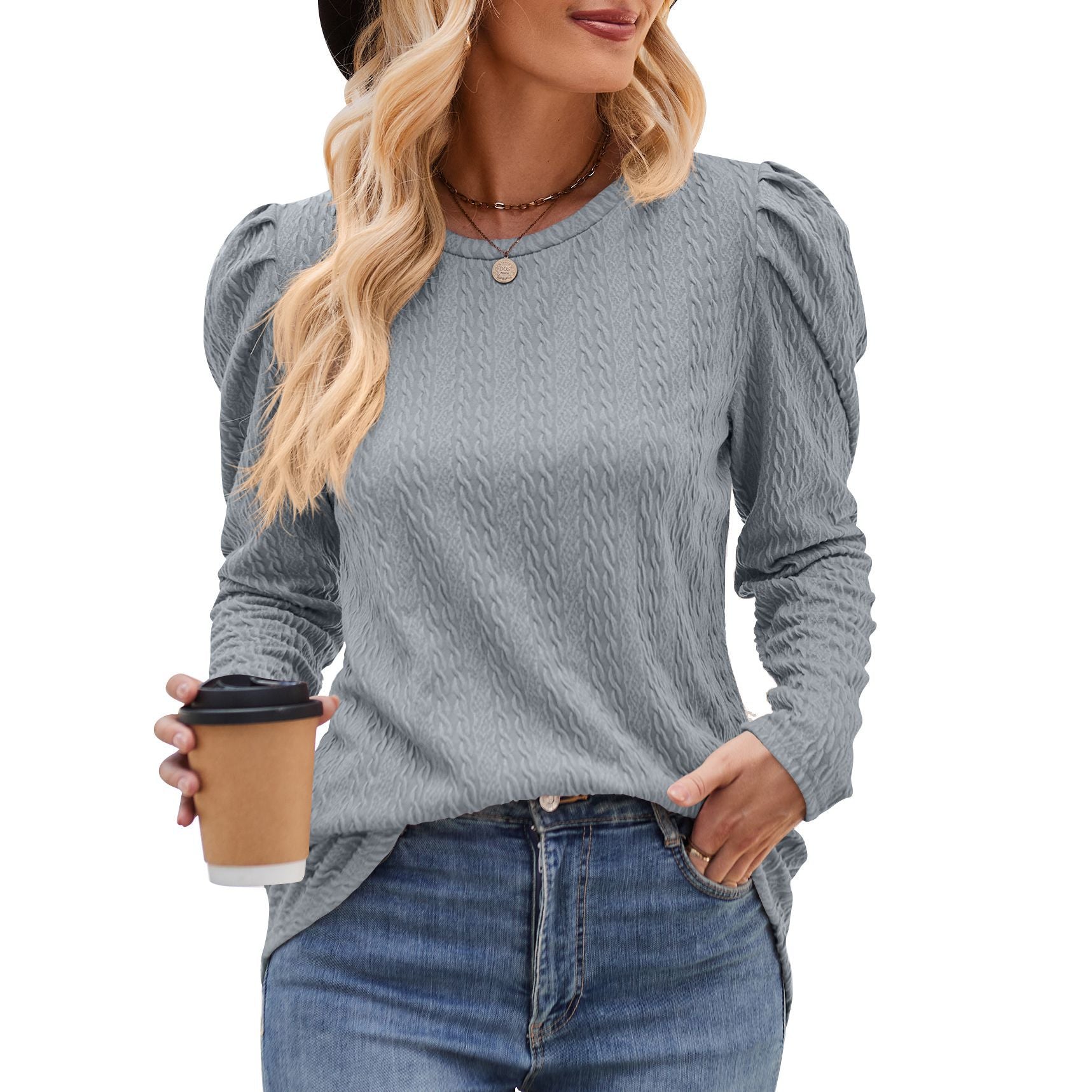 Women's Sleeve Knitted Jacquard Solid Color Long Blouses