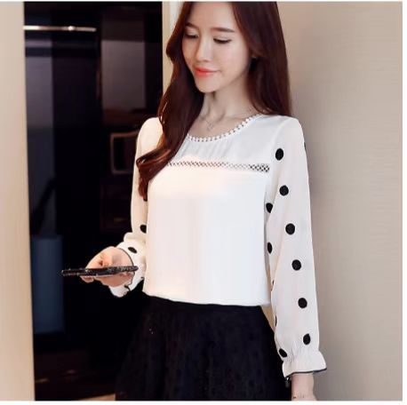 Long Sleeve Polka Dot Round Neck Blouses