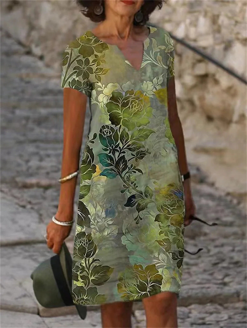Floral Printed Cotton Linen Sleeve V-neck Dresses