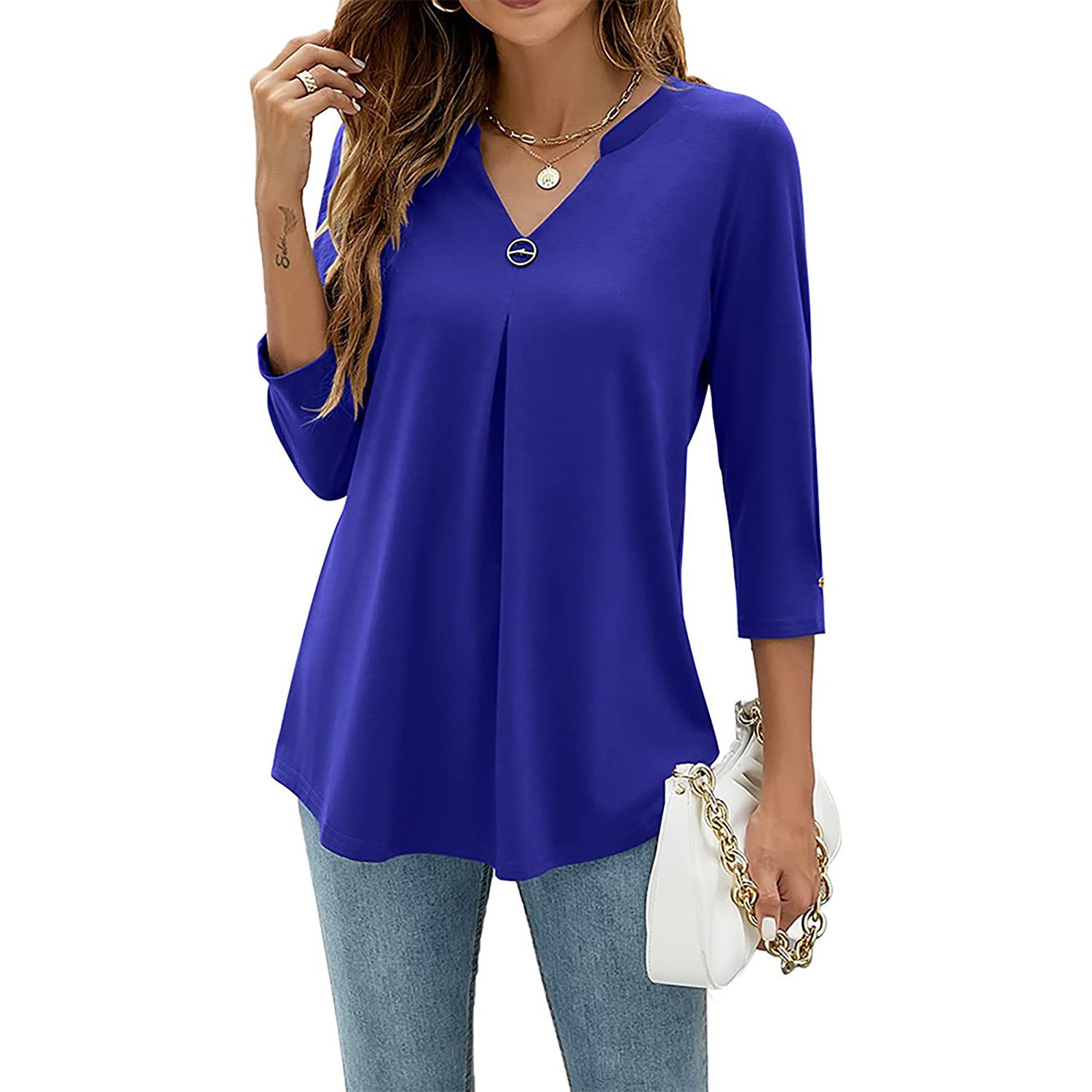 V-neck Three-quarter Sleeve Tight Decorative Buckle Pleated Blouses