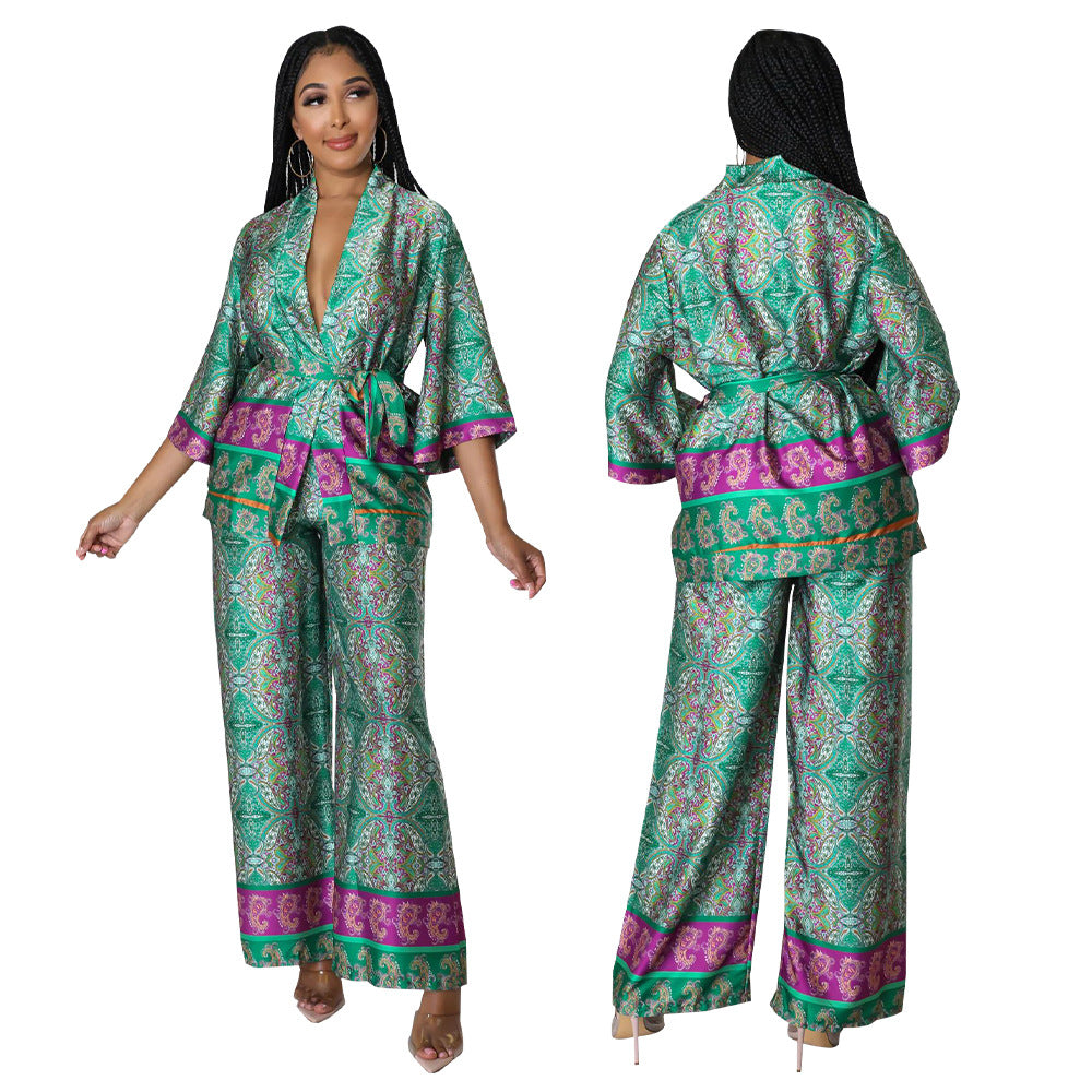 Women's Silk-like Printed Wide-leg Two-piece Multi-color Optional Suits