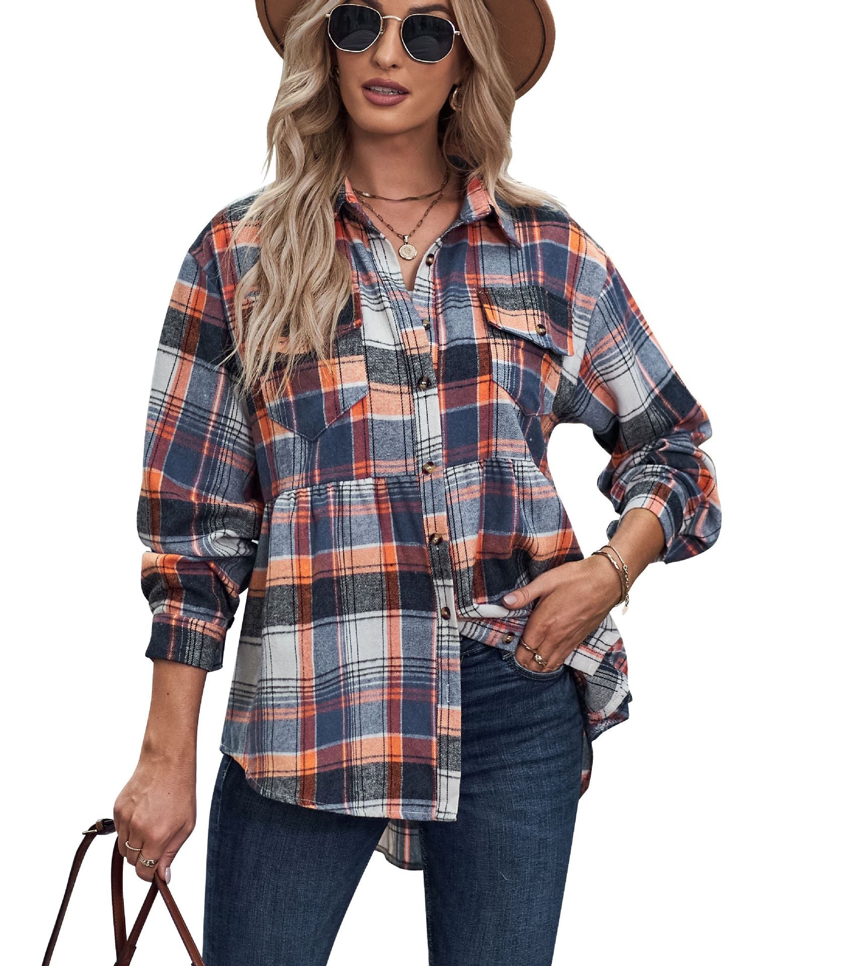 Women's Lapel Long Sleeve Pocket Casual Plaid Blouses