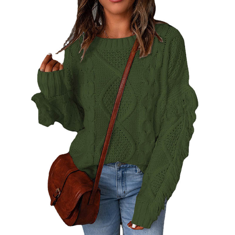 Women's Tassel Solid Color Pullover Round Neck Sweaters