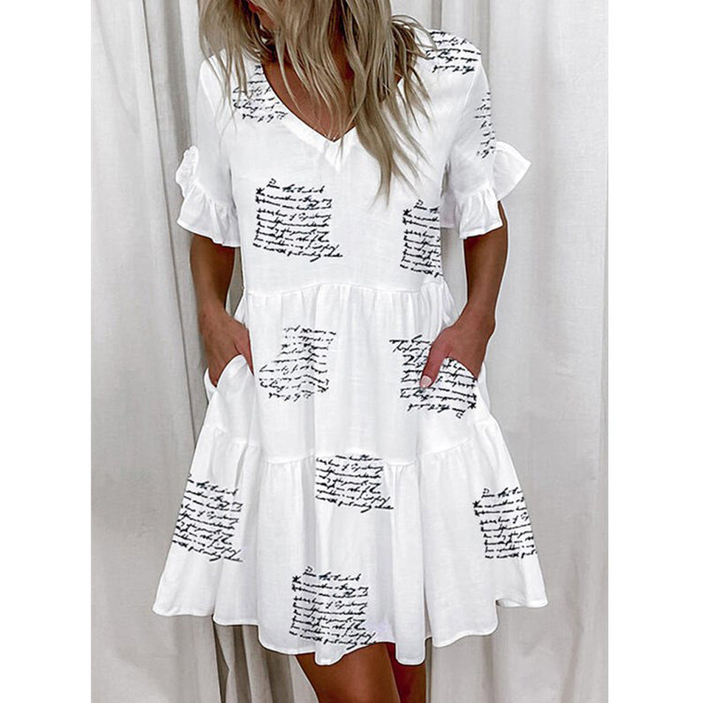 Women's Summer Loose Fashion V-neck Print Ruffled Pocket Dresses