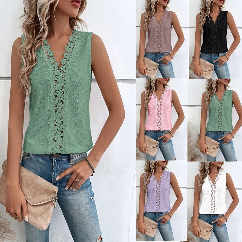 Women's New Summer V-neck Stitching Hollow-out Blouses