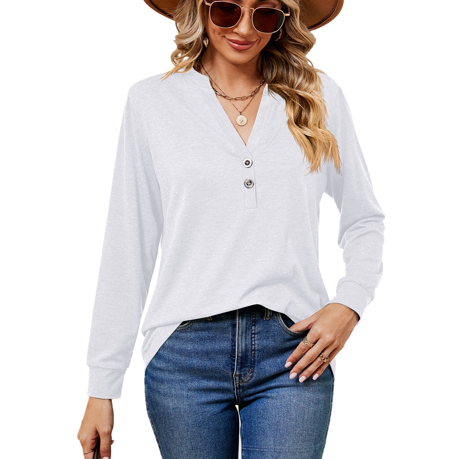 Women's Solid Color And Button Loose Long-sleeved Tops