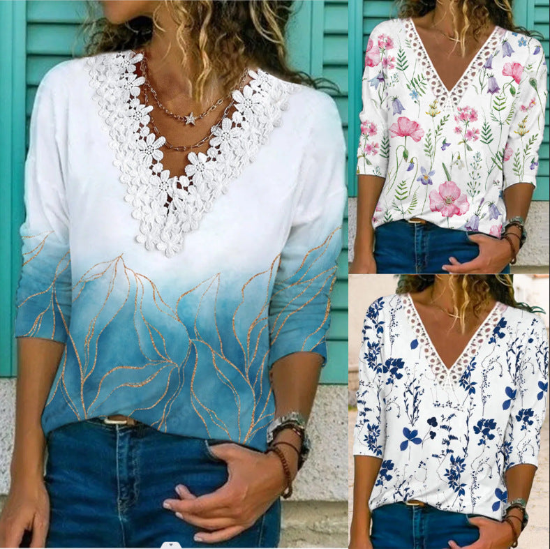 Women's Stylish Autumn V-neck Floral Loose Blouses