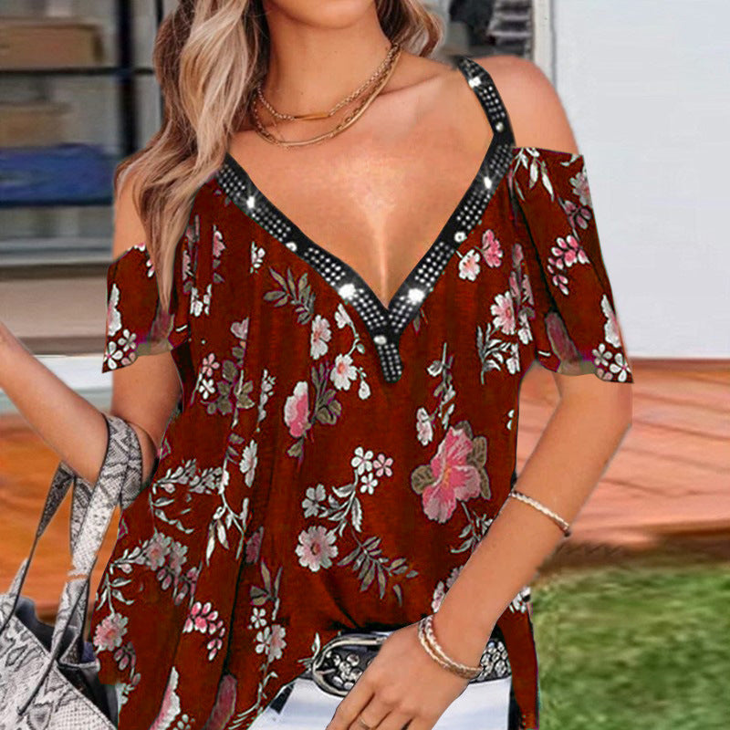 Women's Summer Temperament Commute V-neck Printed Off-the-shoulder Blouses