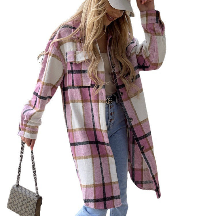 Women's Loose Leisure Mid-length Plaid Shirt Long-sleeved Sweaters