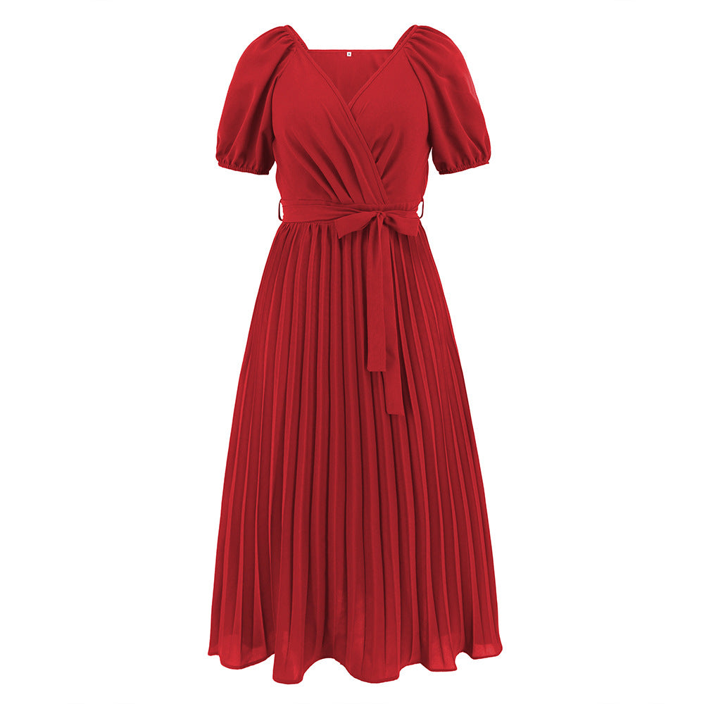 Women's Summer V-neck Puff Sleeve Lace-up Pleated Dresses
