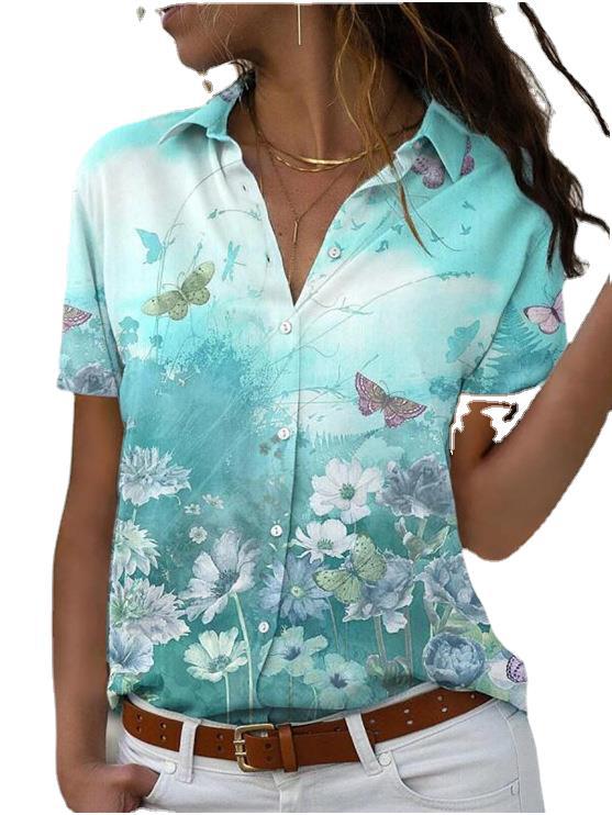 Women's Comfortable Printed Short-sleeved Lapel Shirt Blouses