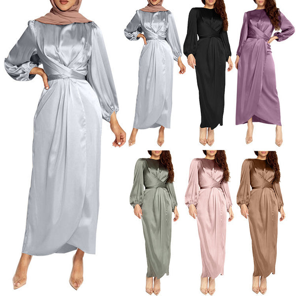 Elegant Soft Waist Arabic Turkish Solid Dresses