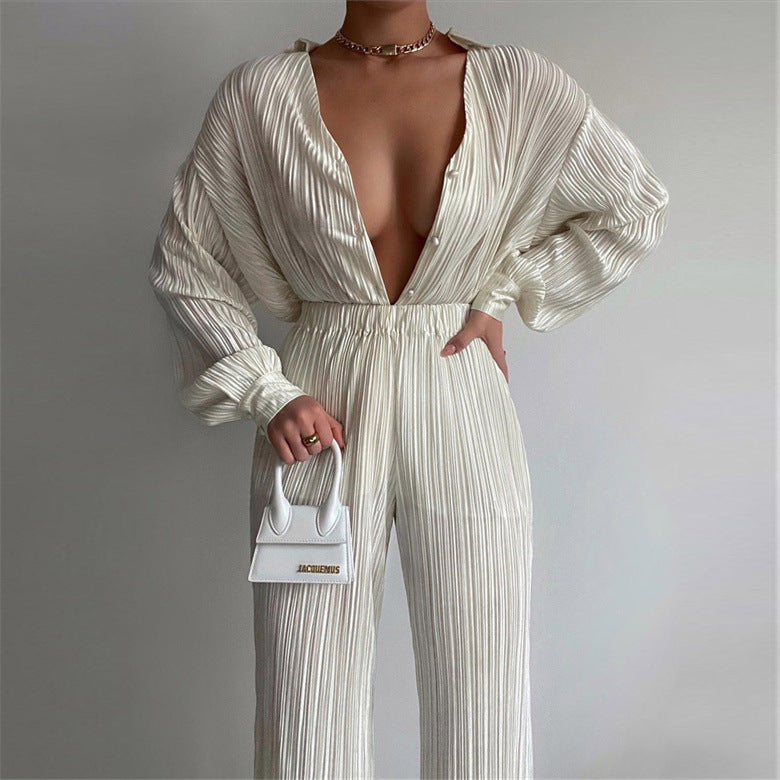 Women's Summer Sexy Pleated Long Sleeve V-neck Suits