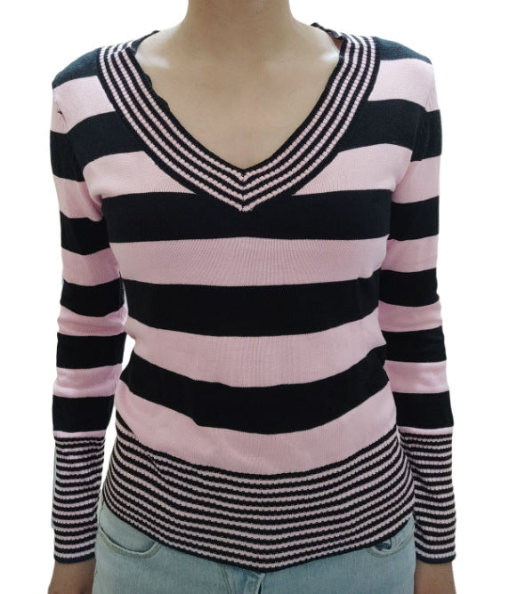 Women's Striped Peach Collar Tight Flared Sleeve Sweaters