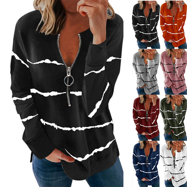 Women's Autumn Striped Zipper V-neck Long Sleeve Blouses