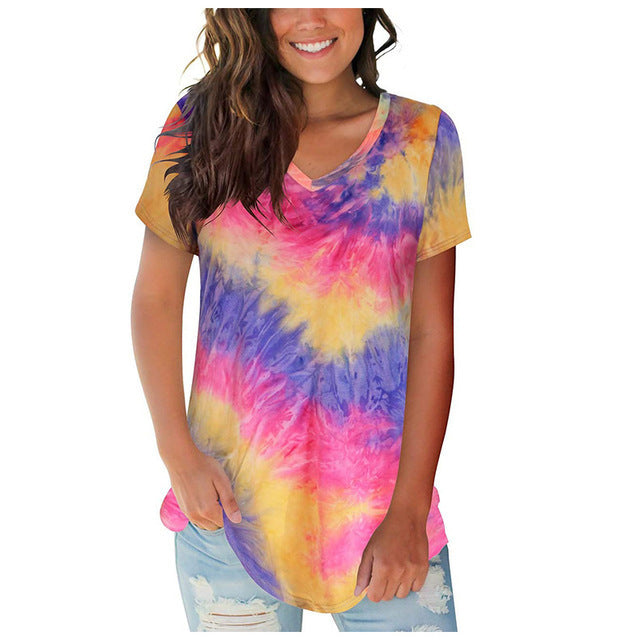 Women's Summer Street Hipster Pullover Tie-dyed V-neck Blouses