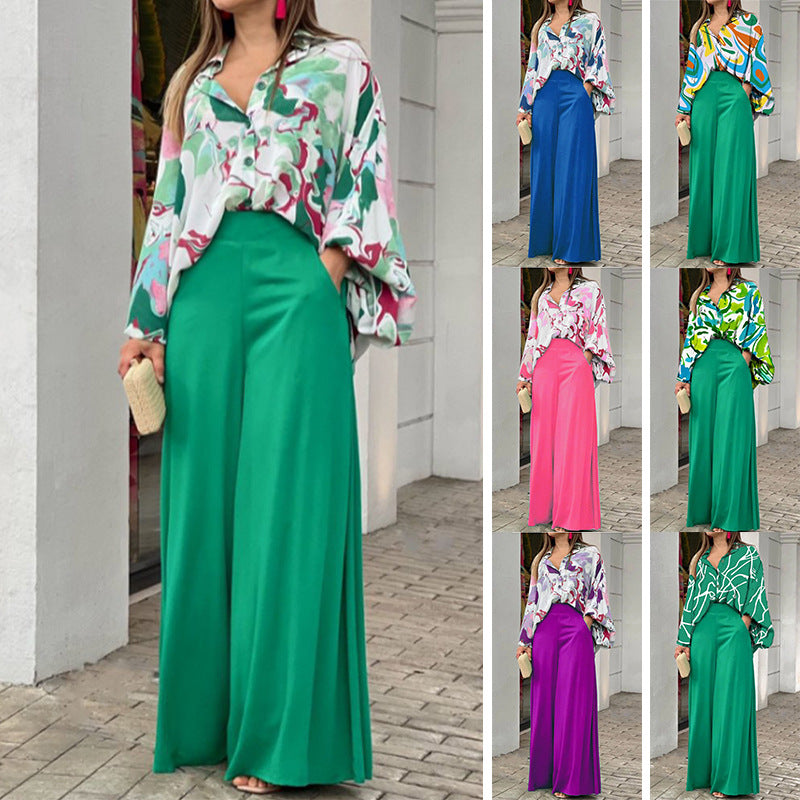 Women's Summer Loose Large Casual Printed Wide Leg Two-piece Suits
