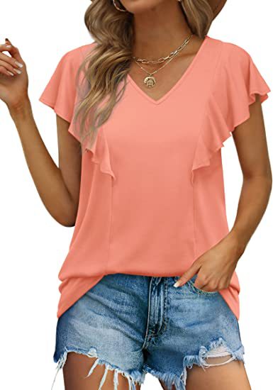 Women's Summer Ruffle V-neck Pleated Short-sleeved Blouses