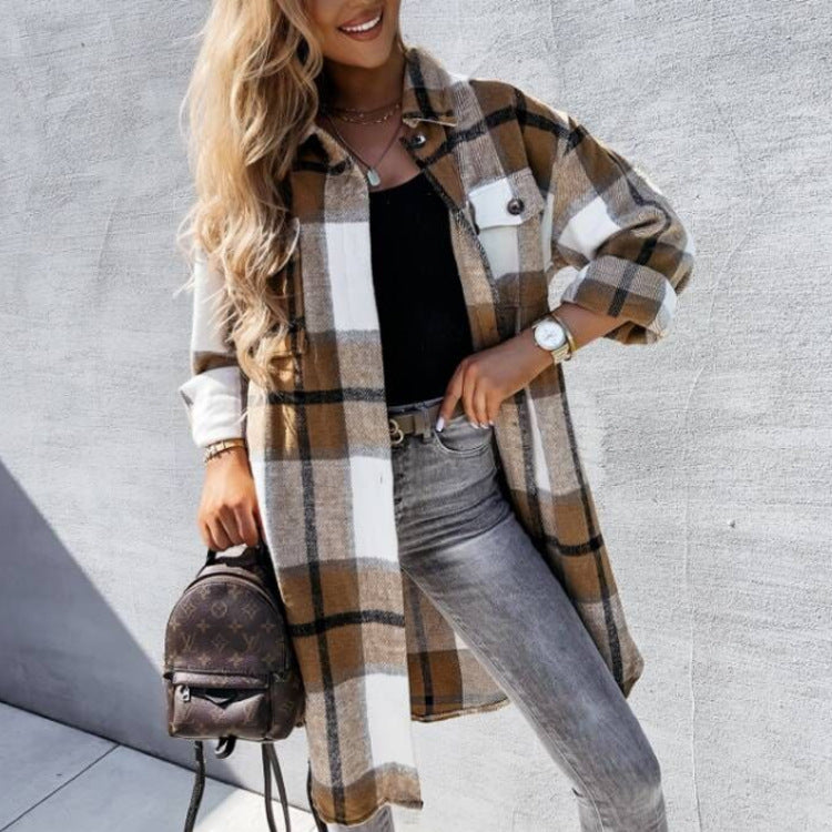 Women's Loose Leisure Mid-length Plaid Shirt Long-sleeved Sweaters