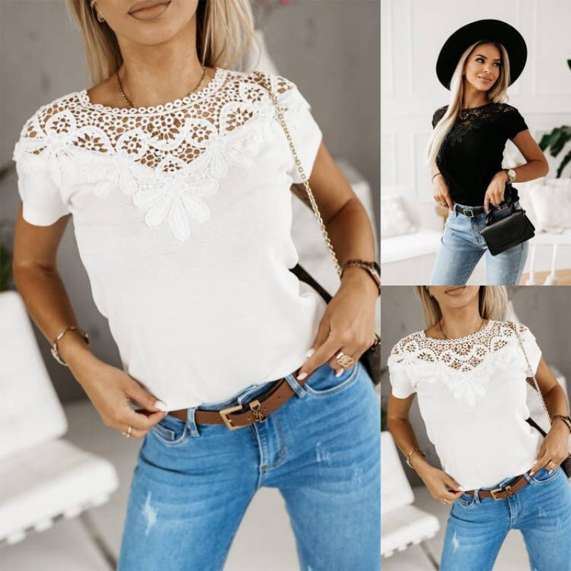 Women's Lady's Solid Color Round Neck Stitching Blouses