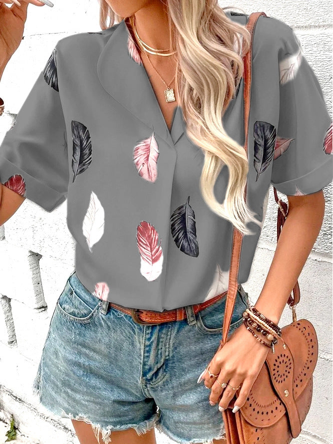 Women's Summer Lapel Feather Printed Sleeve Blouses