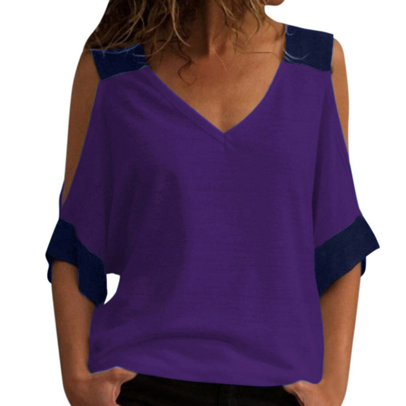 Summer Stitching Color Off-the-shoulder V-neck Sleeve Blouses