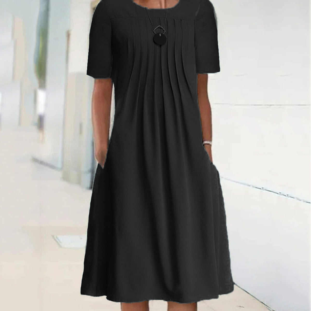 Women's Solid Color Round Neck Sleeve Mid-length Dress Dresses