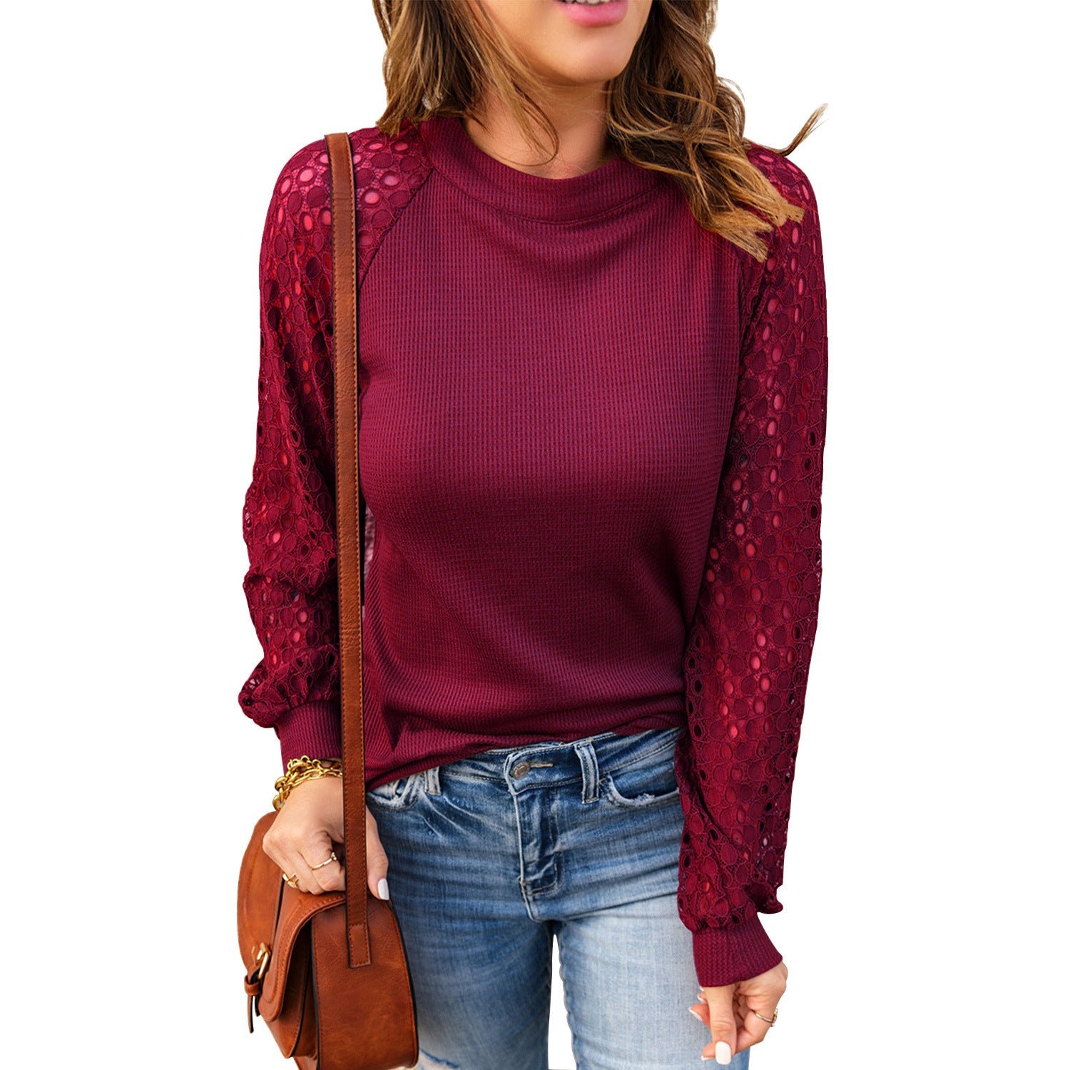 Women's Round Neck Lace Stitching Long Sleeve Tops