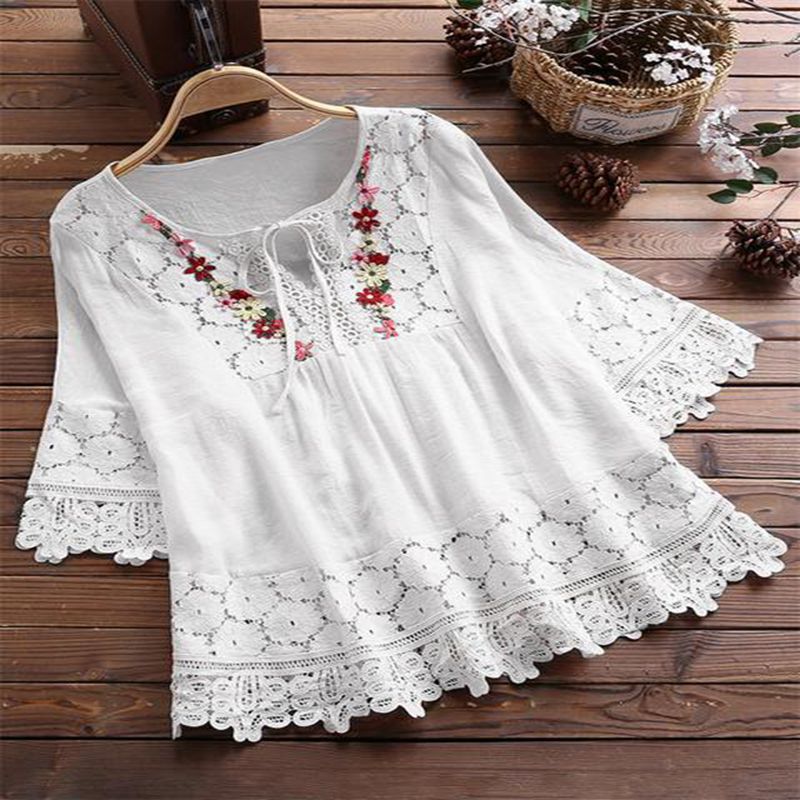 Women's Cotton Linen Stitching Lace Elegant V-neck Tops