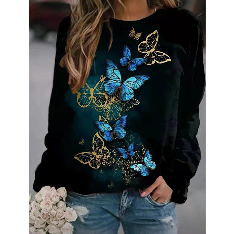 Women's Floral Butterfly Animal Print Round Neck Long Blouses