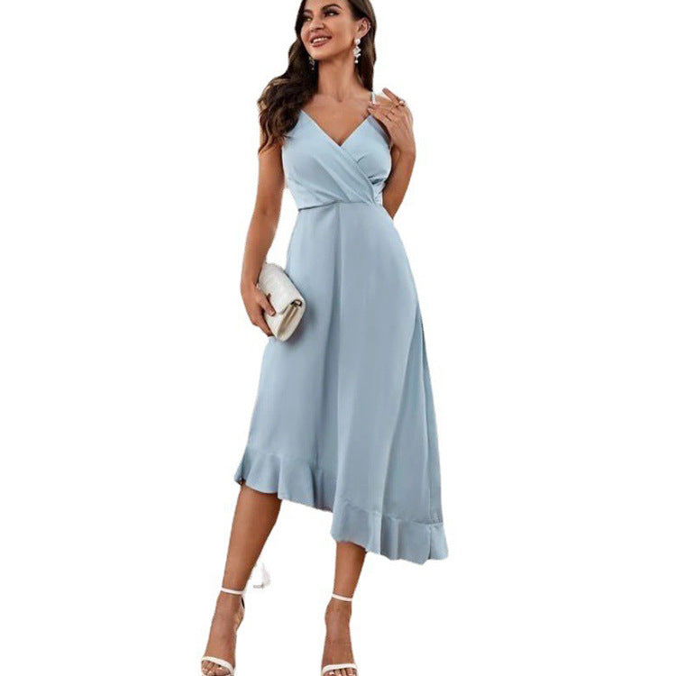 Women's Summer Sexy Suspenders Backless Ruffled Solid Dresses