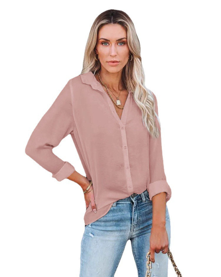 Women's Casual Loose Long Sleeve Button V-neck Blouses