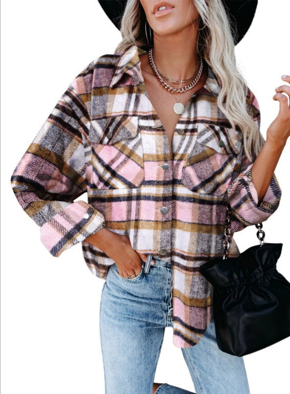 Women's Plaid Shirt Woolen Flannel Breasted Coats