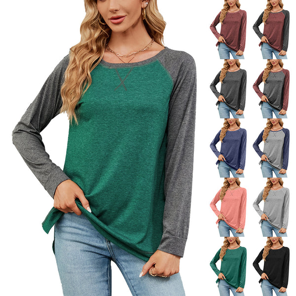 Women's Round Neck Contrast Color Loose Long-sleeved Blouses