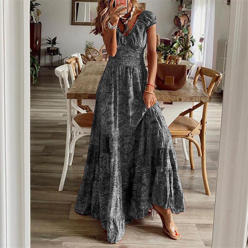 Bohemian V-neck Tight Waist Floral Large Dresses