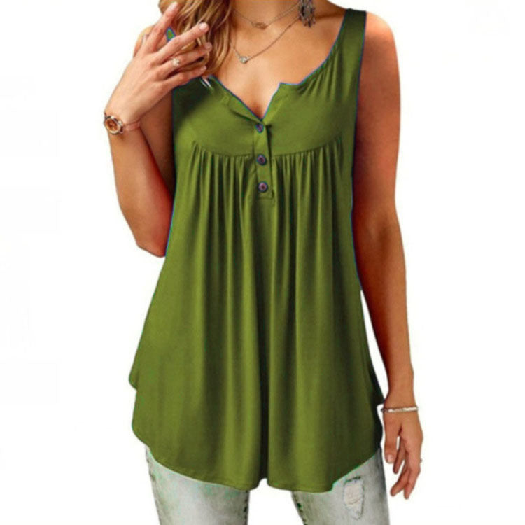 Women's Summer Solid Color Pleating Sleeveless Casual Mid-length Blouses