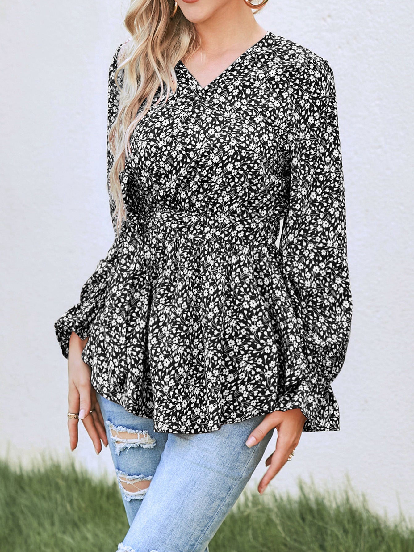 Autumn Fashion Printed Lace Up Long Blouses