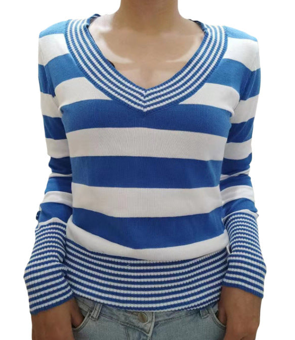 Women's Striped Peach Collar Tight Flared Sleeve Sweaters