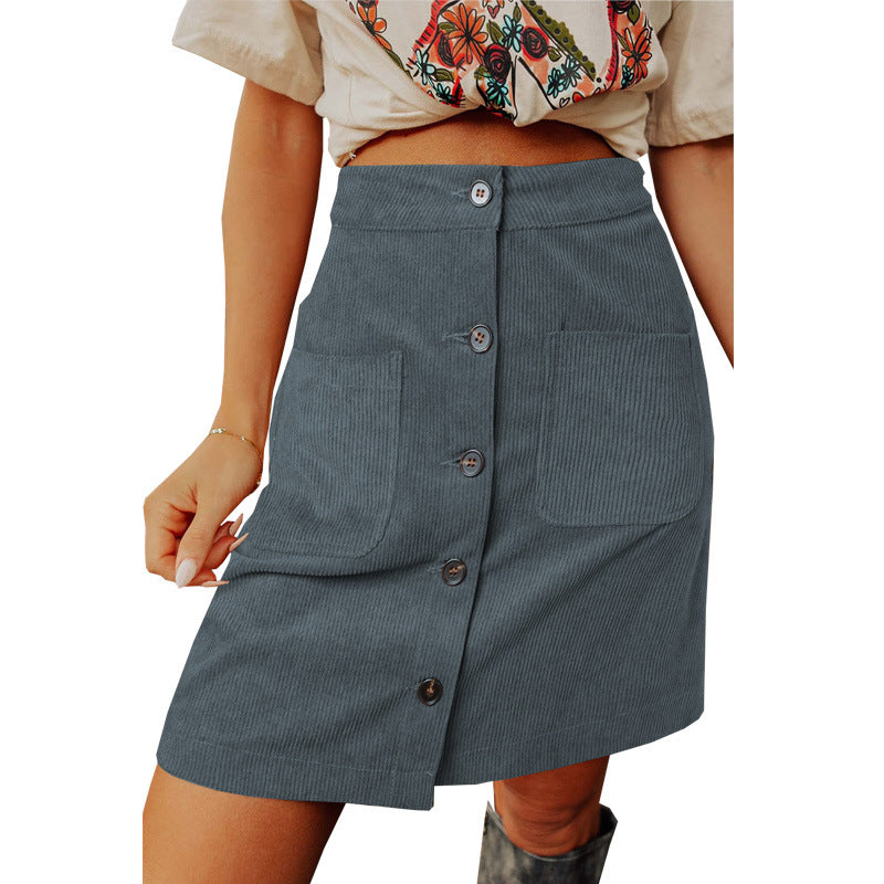 Versatile Corduroy High Waist Breasted Design Skirts