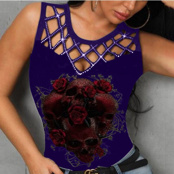 Women's Summer Hollow Out Stitching Rose Print Vests