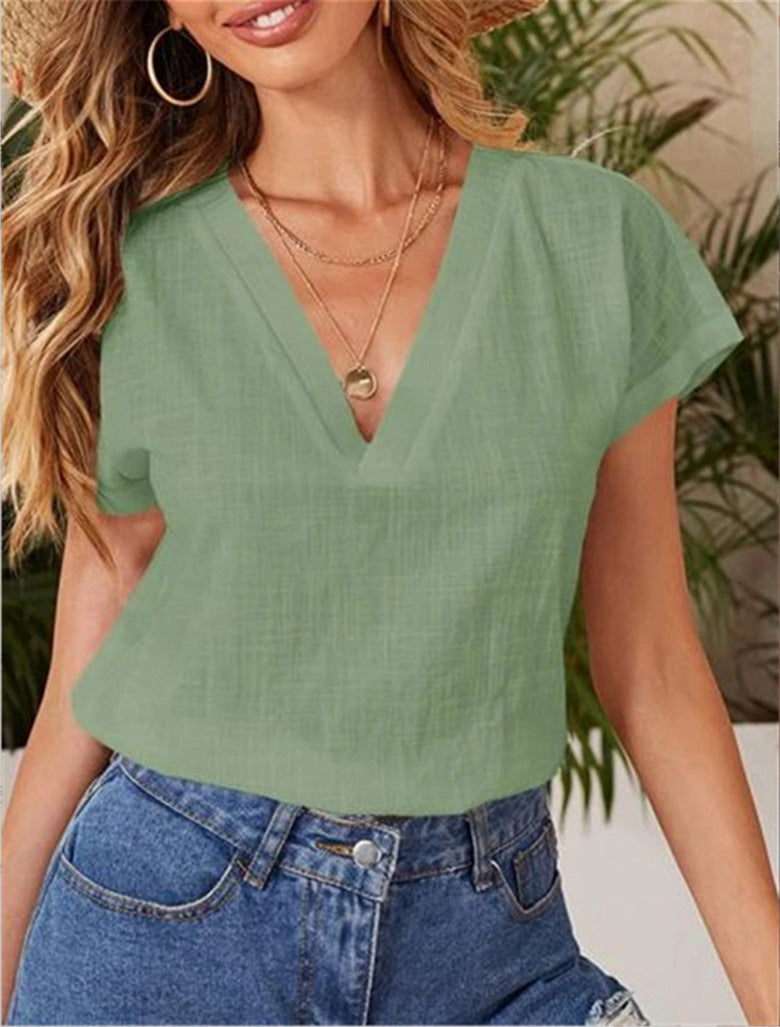 Solid Color Linen Loose Half Sleeve Blouses