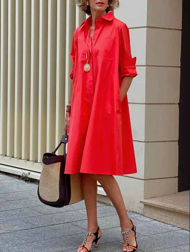 Autumn Shirt Long Sleeve Solid Color Simple Mid-length Dresses