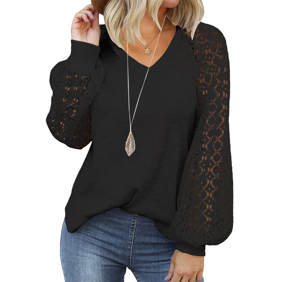 Women's Lace Puff Sleeve V-neck Long Tops