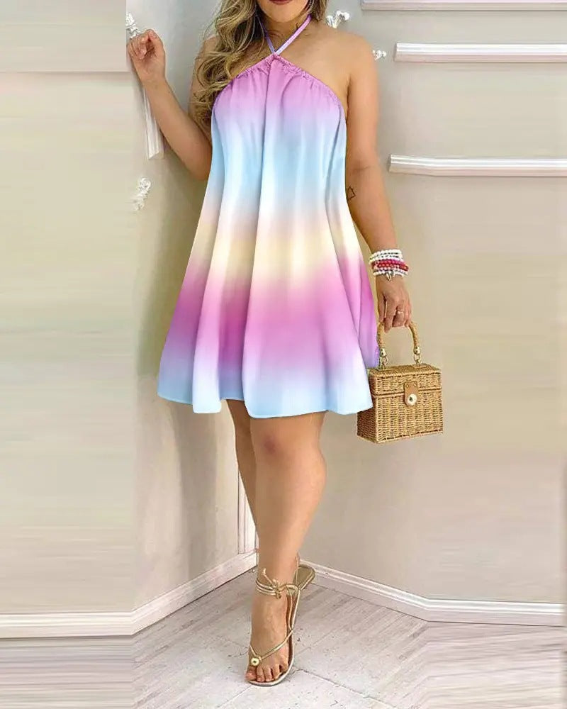 Women's Summer Printed Off-shoulder Halter Lace-up Loose Dresses