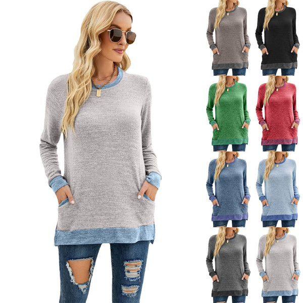 Women's Neck Multicolor Pocket Long Sleeve Loose-fitting Blouses